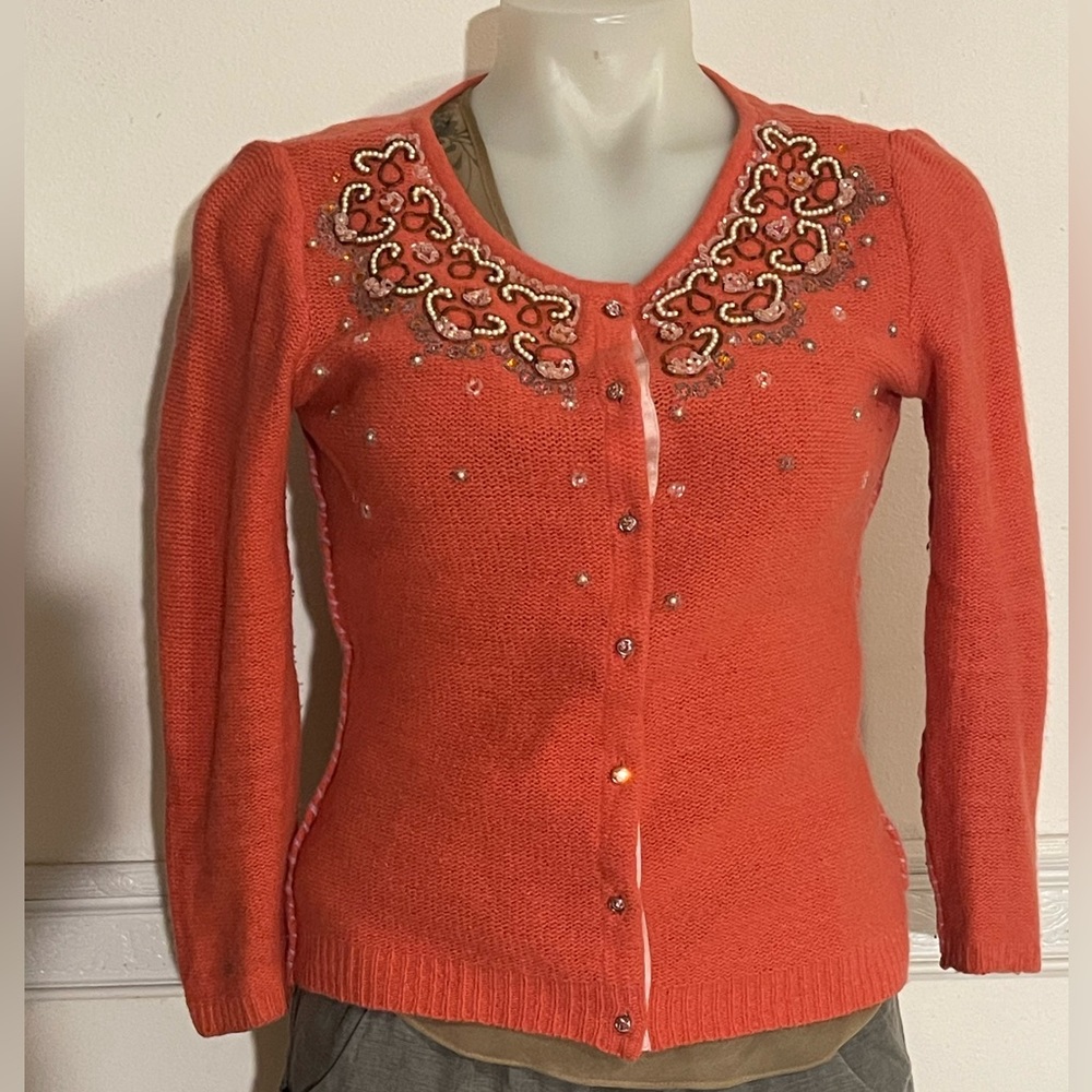 FREE PEOPLE Salmon Color, button up Sweater, size XS Beaded Artistry on front